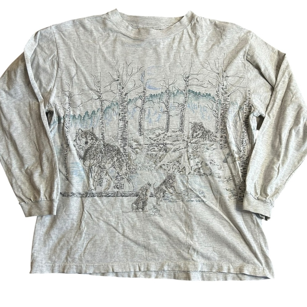 VTG Northern Reflections Wolf Wildlife Graphic Long Sleeve T-Shirt Made‎ Canada
